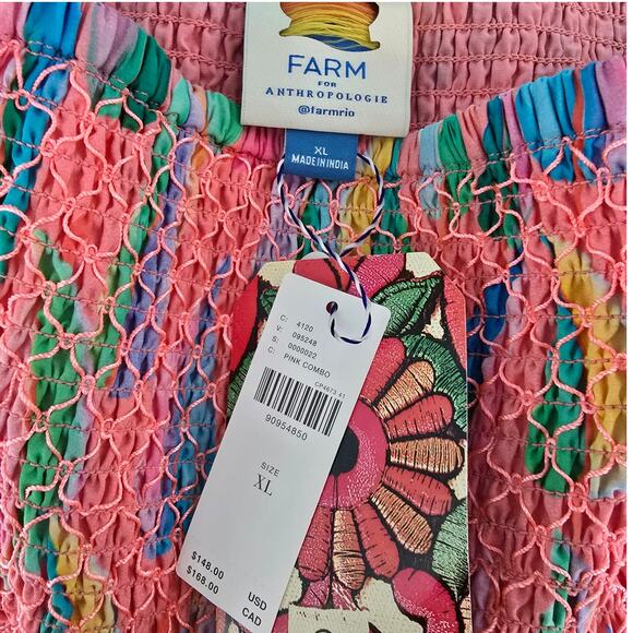 Farm Rio Anthro Smocked Mini Skirt Pink Floral Print Boho Ruffle Hem XL NWT - Picture 4 of 8